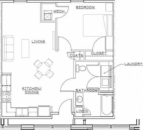 Floor plan for 1 bed, 1 bath, 750 sqft